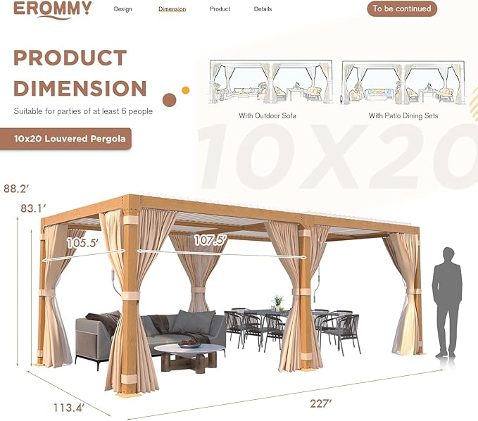 EROMMY Louvered Pergola 12' x 20' Outdoor Hard Top Gazebo with Wooden Grain Aluminum Frame and Adjustable Metal Rainproof Roof for Garden & Patio, Curtains and Netting Included, Wood Grain