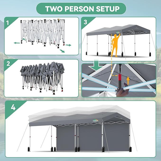 COBIZI 10x30 Pop Up Canopy with One Button Push Center Lock,Ez Up Portable Carport with 3 sidewalls,Waterproof UV50+ Outdoor Party Commercial Carport Canopy Gazebos with Roller Bag(10 x 30 ft Gray)