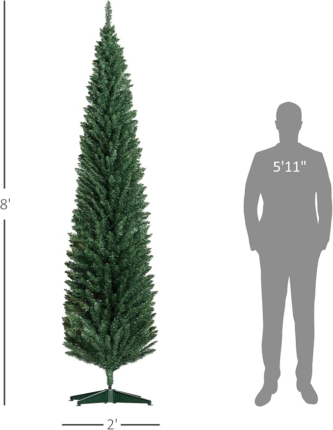 HOMCOM 8' Artificial Pencil Christmas Tree, Slim Xmas Tree with 618 Realistic Branch Tips and Plastic Stand, Green