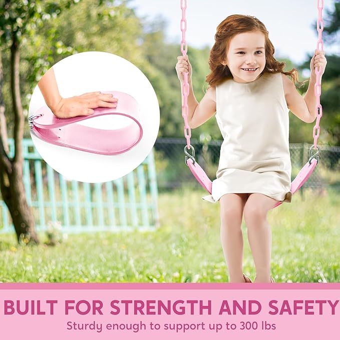 TURFEE Heavy Duty Swing Seat Pink Color with 66¡± Chain, Swing Set Accessories Replacement with Snap Hooks for Kids Outdoor Play Playground