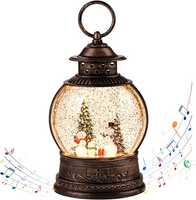 Christmas Snow Globe Lantern Water Glittering Rotating with Music and Timer, USB Lined/Battery Operated Lighted Lantern for Christmas Festival Decoration Gifts