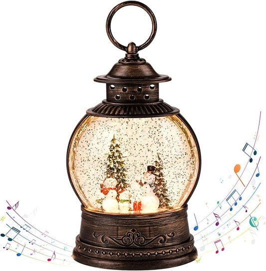 Christmas Snow Globe Lantern Water Glittering Rotating with Music and Timer, USB Lined/Battery Operated Lighted Lantern for Christmas Festival Decoration Gifts