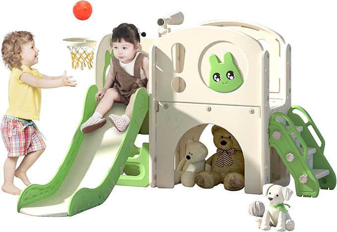 8-in-1 Toddler Slide and Climber Playset, Kids Slide Playground with Stairs, Tunnel, Telescope, Storage, Basketball Hoop and Ball, Indoor Outdoor, 1-3 Years Old, Green