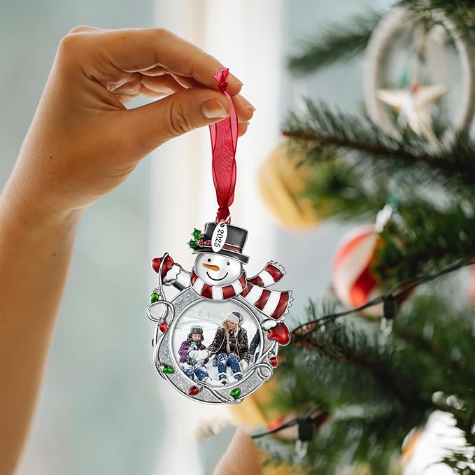 2025 Christmas Tree Ornaments 3 Piece Picture Frame Hanging Ornament Decorative Holiday Keepsake Gift Sleigh Snowman Pendant with 2” Photo Insert for Picture of Pets,Family (Christmas Set)