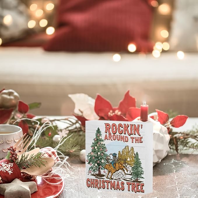 Christmas Rockin Around The Tree Sign Western Cowboy Sign Christmas Tree Decor Winter Desk Accessories Decorations for Table Home Shelf Office Gifts for Women 5 X 5 Inch