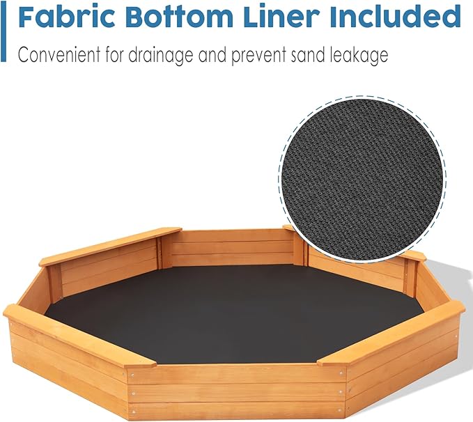 Kids Large Octagonal Wooden Outdoor Sandbox with Cover, 4 Built-in Benches Extra Large Sandpit, Bottom Liner, Playset Gift for Backyard Garden Easy Assembly