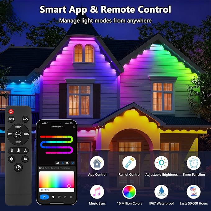 Permanent Outdoor Christmas Lights for House: 50FT RGBCW Outdoor Lights with 60LED Light,Color Changing Eave Lighting for Halloween Daily Decor, Smart App, Works with Alexa, Google Enabled, White
