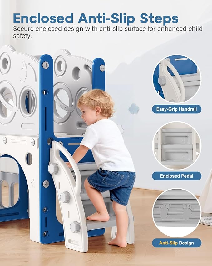 Babytronic Toddler Slide Set, 8 in 1 Kids Slide, Indoor Outdoor Slide for Toddlers Age 1-3, Toddler Playset with Basketball Hoop and Tunnel, Toddler Indoor Outdoor Playground, Blue&Grey