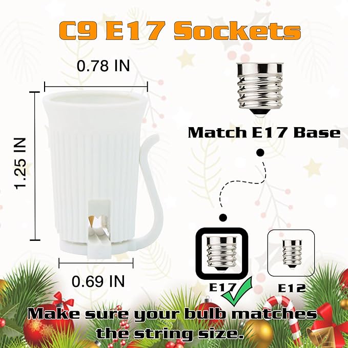 100FT C9 Light String Christmas Stringer, E17 Light Sockets 12" Spacing, C9 Stringer Set White Outdoor String Light Strand for Wedding Patio Event Lighting Decor, White Wire