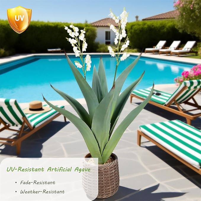 3ft UV Resistant Artificial Agave Plant in Brown Woven Planter,37" Faux Agave Plant Outdoor with Lifelike Leaves and Flowers for Front Porch Patio Living Room Pool Indoor & Outdoor Decor
