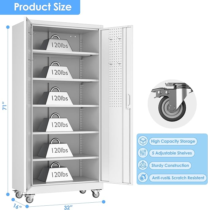 Aobabo Upgrade 71H''*32''W*16''D Metal Garage Storage Cabinet with Wheels and Pegboards, 5 Adjustable Shelves Steel Storage Cabinets for Home,Warehouse,Garage,Assembly Required,White