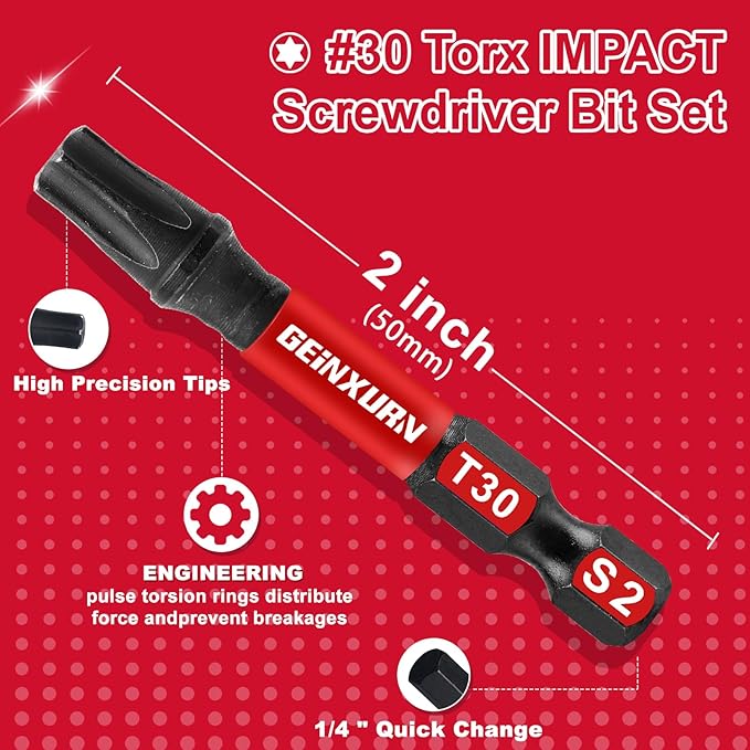10Pieces 2 In. T30 Impact Tough Magnetic Screwdriver Bit Set, #30 Torx Head Power Bits, S2 Alloy Steel Star Bits with Storage M-Box