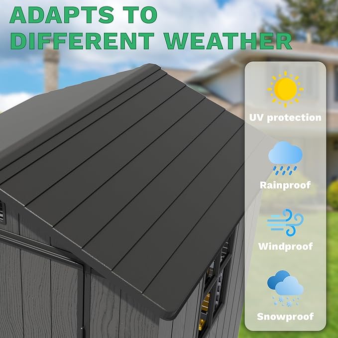 Greesum 4x4FT Plastic Outdoor Storage Shed with Floor, Resin Storaged Sheds with Lockable Door, All Weather Durable Tool Shed with Window and Vent, for Garden, Backyard, Patio, Dark Gray
