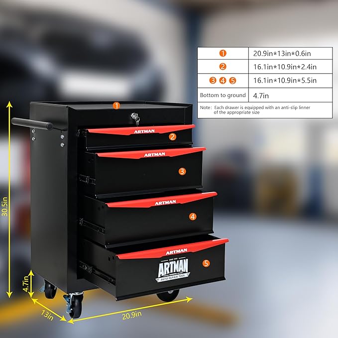 RYH 4/5/6/7 Drawers Rolling Tool Chest - Heavy Duty Mobile Tool Cart with Locking Wheels & Ball Bearing Drawers, 30.5 H x 20.9 W x13 D Garage Tool Storage Cabinet£¬Metal Tool Box (Black, 4 Drawers)