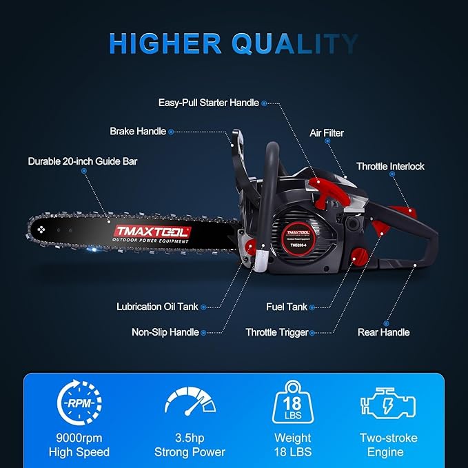 62cc Gas Chainsaw, 3.5-HP, 20 Inch Chain Saw, Gas Powered Chainsaws, 2-Stroke Gasoline Power Chain Saws with Automatic Oiler for Wood Cutting, Easy-Start, Black