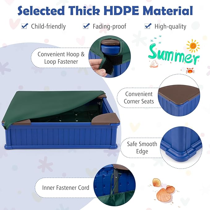 HONEY JOY 12.5 Kids Sandbox with Cover, 48 x 48 Inch Large HDPE Pit for Backyard, 4 Corner Seats & Bottom Liner, Sand Protection, All Weather Resistant Sand Boxes for Kids Outdoor (Blue)