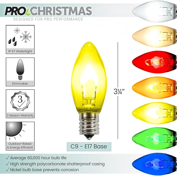Pro Christmas C9 LED U Shape Flexible Filament Bulb - Pro Pack of 25 Bulbs - Energy Efficient Outdoor Waterproof Lighting for Holiday Decor, Christmas Trees - Yellow