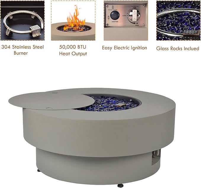 32.5-inch Outdoor Propane Fire Pit with 20lb Tank Cover, 50,000BTU Propane Fire Pits for Outside Patio w/Round Burner Lid, Glass Rocks, Pre-Attached 10ft External Hose