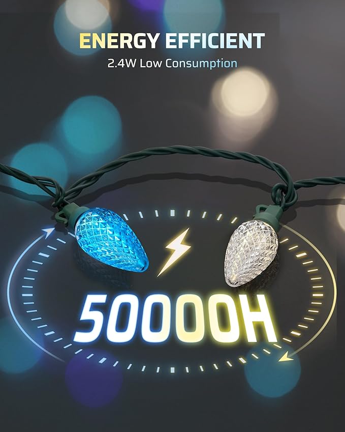 DEWENWILS C9 LED Christmas Lights Outdoor, 33.3ft 50LED Christmas String Lights, Outdoor Decorations for Christmas Tree, Patio, Garden, Yard, Green Wire, Blue & White, UL Listed
