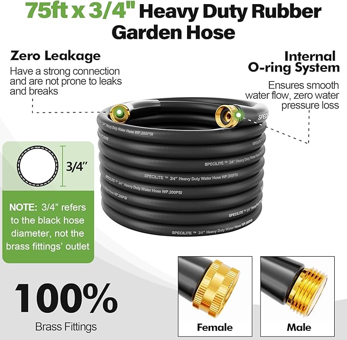 SPECILITE 3/4 Garden Hose 75 ft with High Flow Nozzle, Heavy Duty Flexible Hybrid Rubber Water Hose for Outdoor, Lightweight, Leak-Proof, No-Kink, 3/4Brass Fittings,Black