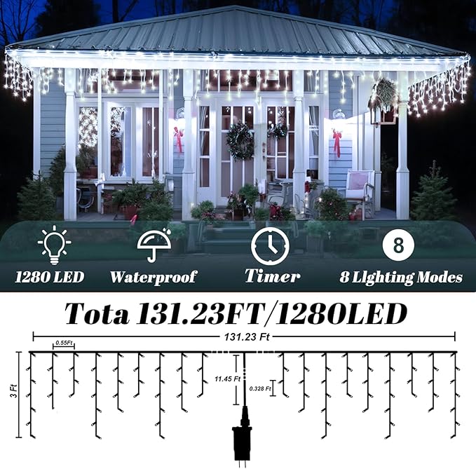 131FT Outdoor Icicle Lights Cold White- Waterproof Christmas Curtain Lights, 8 Modes Twinkle Function for Patio, Wedding, Holiday, Party Decorations(Cool White)