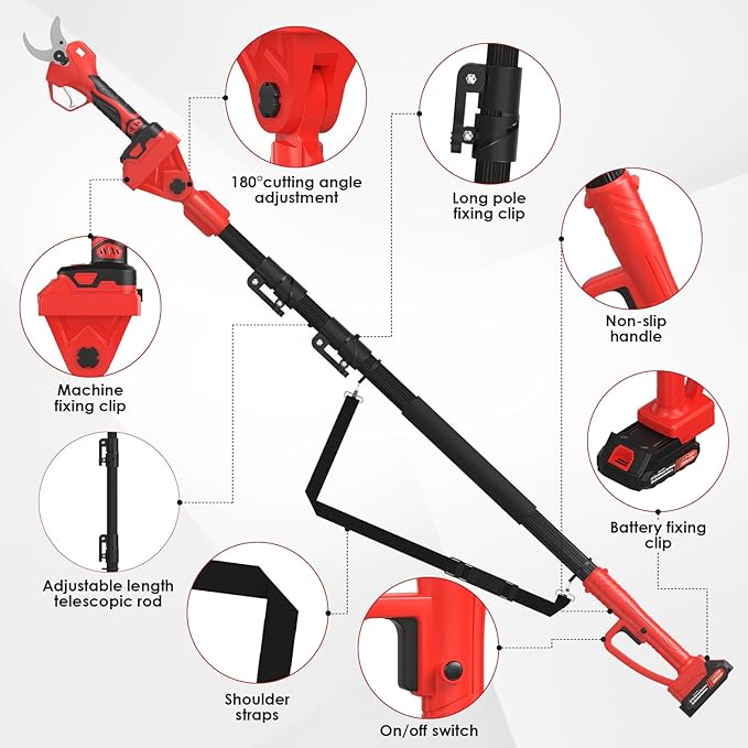 Electric Pruning Shears with Telescopic Rod, 50mm 1.96 Cutting Diameter Cordless Pruner with 2 Rechargeable Batteries, Tree Branch Cutter with SK7 Blade for Gardening Pruning