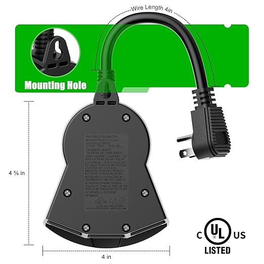Outdoor Light Sensor Timer, 24 Hours Heavy Duty Waterproof Outlet Timer with 2, 4, 6 or 8 Hours Countdown Mode, 3 Grounded Electrical Outlet for Home Backyard Garden (2 Pack)