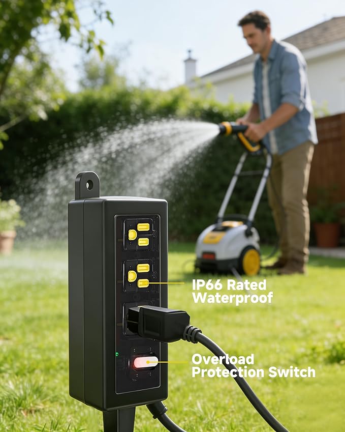 IP66 Outdoor Power Strip Waterproof,Heavy Duty Surge Protector, 15 FT Extension Cord, All-Weatherproof,6AC, Suitable for Outdoor, Work Room, Patio Gardens, Pool Parties,Black