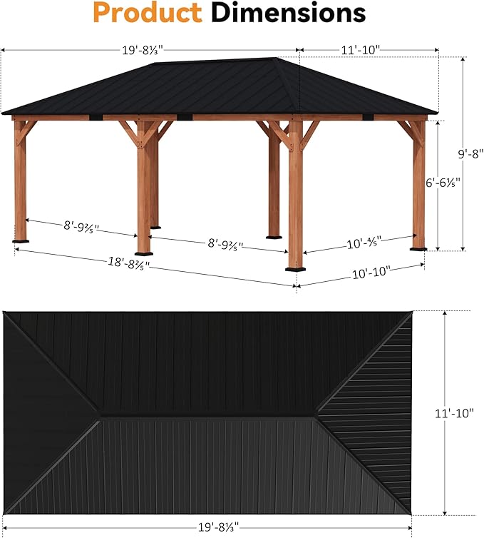 Modern Shade Tranquil Grove Wood Gazebo 12' x 20', Permanent Grill Gazebo with Galvanized Steel Hardtop Roof, Cedar Framed Wooden Pavilion for Garden, Backyard