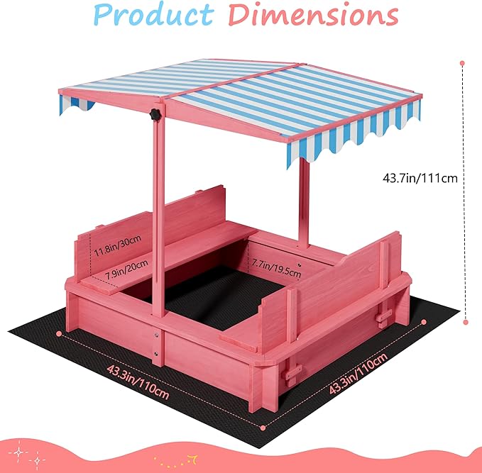 Sandbox with Lid & Cover, Wooden Kids Outdoor Sand Box with Height-Adjustable UV-Resistant Canopy, 2 Foldable Bench Seats & Bottom Liner, 43x43 Inch, Perfect for Backyard, Beach, Garden Play