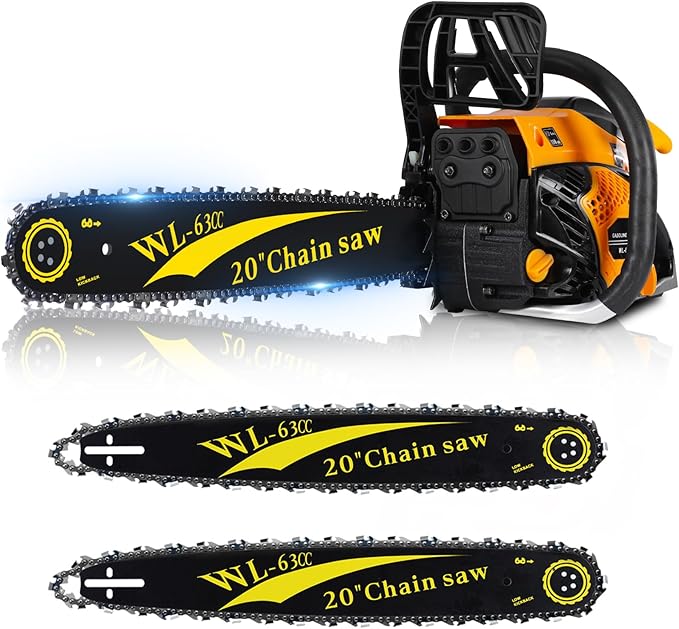 63CC Gas Powered Chainsaw 20 Inch, 2-Cycle Engine with 2 Chains & Bars, Heavy Duty Gas Chain Saw for Tree Felling, Logging, and Firewood Cutting (WTH985)