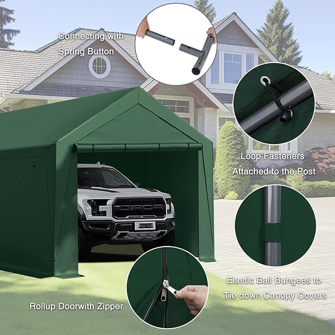 10x20 ft Heavy Duty Carport, Carports Garage with Removable Sidewalls and Reinforced Structure, Outdoor Car Canopy Tent Shelter for Vehicle and Boat (Green)