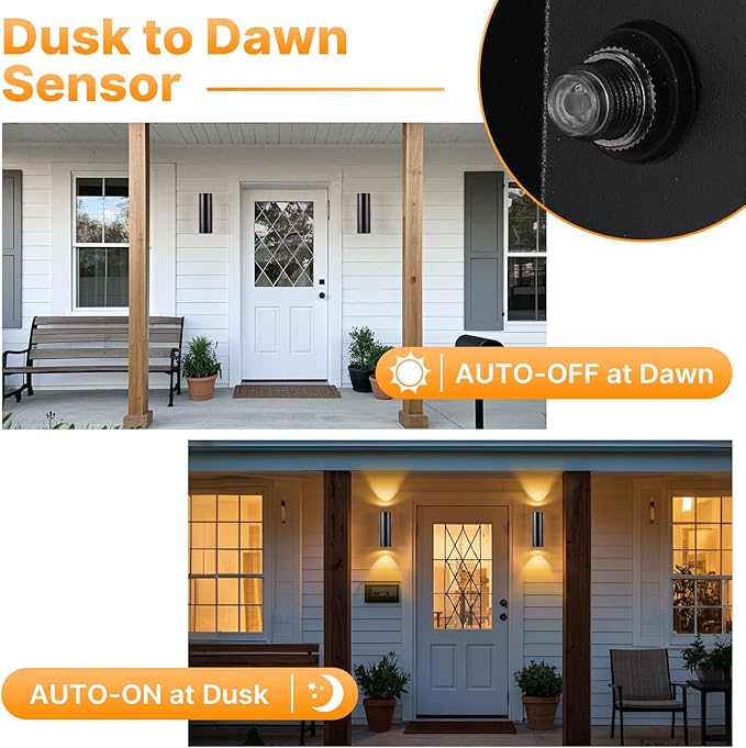 Dusk to Dawn Porch Light 1 Pack, Modern Outdoor Wall Lights with Bulbs, Cylinder Black Outdoor Light Fixture Wall Mount, Up and Down Lighting Wall Sconce for House Porch Door