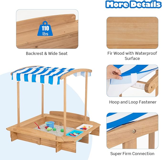 Costzon Kids Wooden Sandbox with Canopy, 50x46in Cedar Cabana Sandpit w/Ground Liner, 2 Toy Storage Boxes, Children Outdoor Playset Station for Backyard, Home, Lawn, Garden, Beach