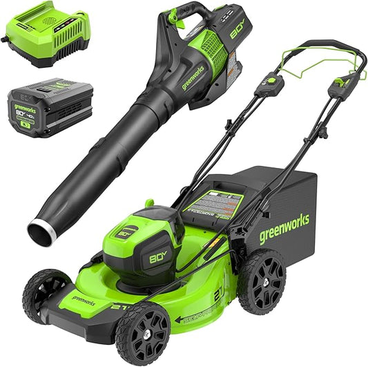 Greenworks 80V 21¡± Brushless (Self-Propelled) Cordless Electric Lawn Mower + (580 CFM) Axial Leaf Blower (75+ Compatible Tools), 4.0Ah Battery and 60 Minute Rapid Charger, Green and Black