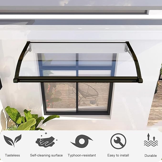 Door Canopy Window Awning Curved Rain Cover, Patio Sun Shetter, Window Awning Rain Shelter, Back Porch Garden Awning, Polycarbonate Cover, Uv Rain Snow Protection-Brown-120x300cm/47x118in