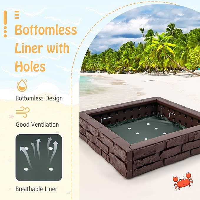 HONEY JOY Sandbox with Cover, 47 x 47 Inch Square Sand Pit for Backyard, Bottom Drainage Oxford Liner, HDPE Playful All Weather Resistant Sand Boxes for Kids Outdoor with Lid (Brown)
