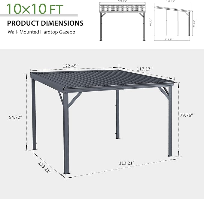 Domi 10'x10' Lean to Gazebo Hardtop, Expandable Wall Mounted Pergola with Gutters & Galvanized Steel Roof, 60MPH Wind Resistance, Outdoor Heavy Duty Metal Awning for Patio, Deck, Backyard - Grey