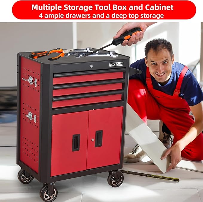 Rolling Tool Chest with Locking Wheels - Tool Box with 3 Drawers & 1 Big Tool Cabinet with 2 Door, 18.5 D x 28 W x 40 H Mobile Tool Storage Cabinet, Heavy-Duty Garage Organizer w/Ergonomic Handle