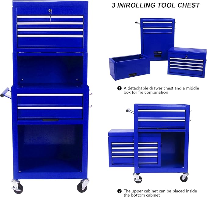 RYH 6 Drawers Rolling Tool Chest & Tool Box on Wheels | Heavy Duty Metal Cart with Ball Bearing Drawers | Fits US General Tool Box for Garage Storage(Blue, 6 Drawers 3 in 1/51.99 H ¡¿ 20.87 W)