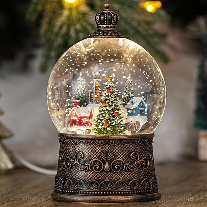 Snow Globe with Christmas Tree & Village, Light Up Christmas Snow Globes with Music Timer - USB Plug or Battery Operated Glitter Globe Indoor Christmas Decorations