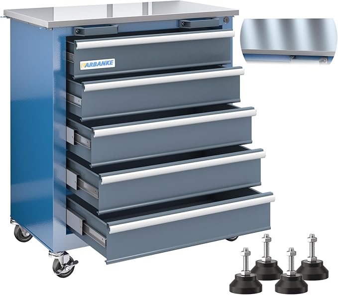 LARBANKE 5-Drawer Rolling Tool Chest with Stainless CounterTop,Tool Chest with Keyed Locking System, with Wheels and Foot Pads,Rolling Tool Cabinet with Drawer Liners,Unique Link Buckle for Connecting