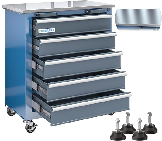 LARBANKE 5-Drawer Rolling Tool Chest with Stainless CounterTop,Tool Chest with Keyed Locking System, with Wheels and Foot Pads,Rolling Tool Cabinet with Drawer Liners,Unique Link Buckle for Connecting