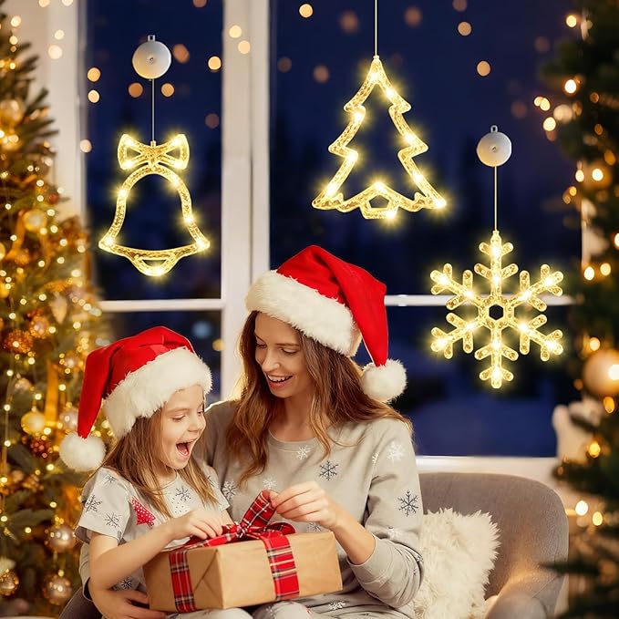 3Pack Christmas Window Lights Decorations with Timer,Battery Powered Christmas Hanging Warm White Lighted Snowflake Tree Bells Shaped LED Sucker for 2026 Xmas Tree Fireplace Indoor Decor