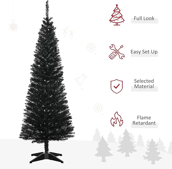 HOMCOM 5' Artificial Pencil Christmas Tree, Slim Xmas Tree with 294 Realistic Branch Tips and Plastic Stand, Black