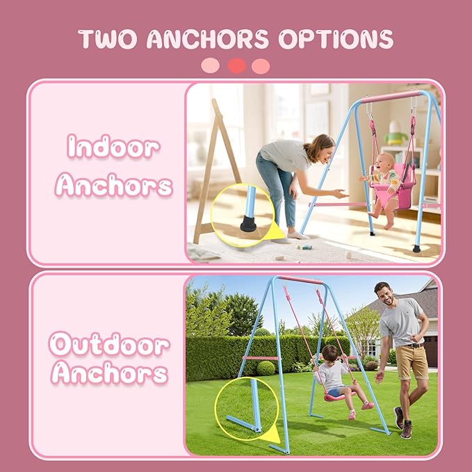 2-in-1 Toddler Swing Set with Foldable Stand, Baby Swingset with 2 Types of Anchors for Indoor & Outdoor, 1 Belt & 1 Soft Swing Seat with Safety Harness & Height Adjuster for 6 Months and Older Kids