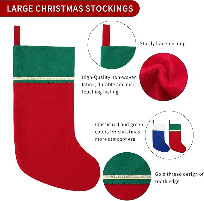 36 Pack Felt Christmas Stockings, 19 Inches Red and White Christmas Stockings, White Cuff with Gold Trim Christmas Stockings for Family Christmas Holiday Decorations