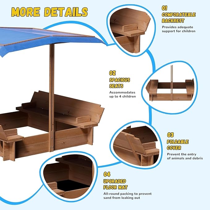 Kids Wooden Sandbox with Adjustable Canopy, Rotatable Sunshade Cover & Two Foldable Bench Seats for Outdoor Play