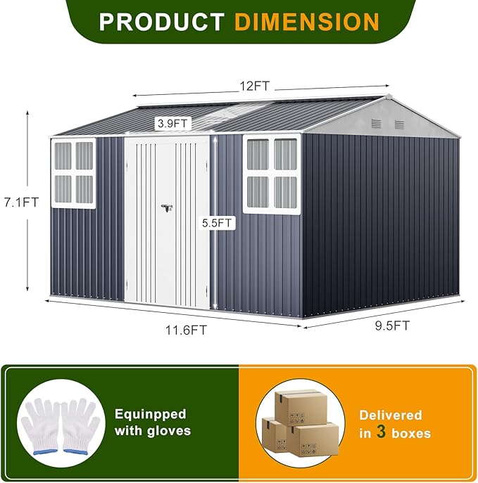 12x10 FT Metal Sheds & Outdoor Storage: Heavy Duty Garden Sheds with Dual Transparent Roof Panels, 2x4-Pane Windows & Hinged Double Doors, Weatherproof Tool Shed for Backyard, Garden, Patio, Grey