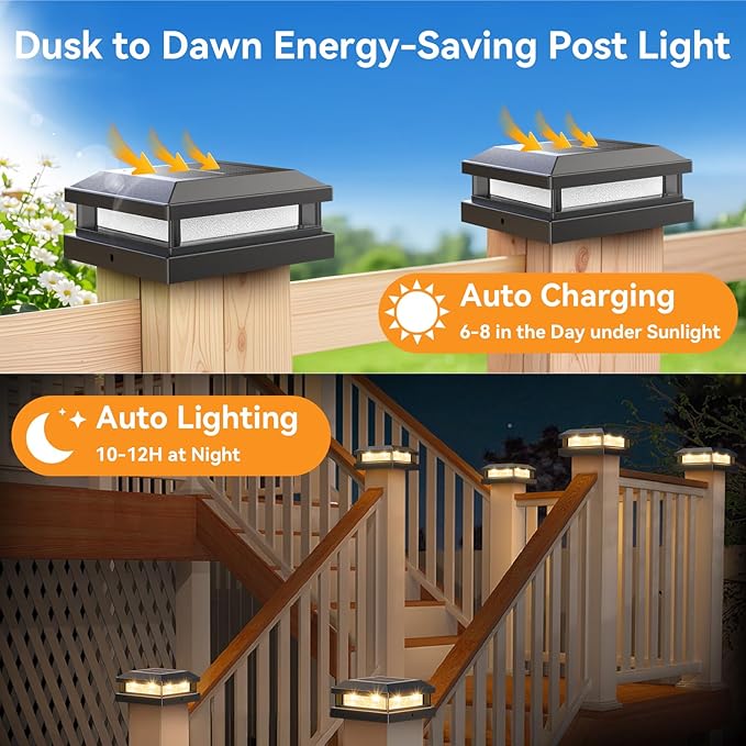 Solar Post Cap Lights Outdoor 12 Packs for 4x4 5x5 Vinyl/Wooden Posts, Waterproof Solar Powered Fence Post Light with Warm/Cool Lighting, Black 16LEDs Deck Cap Light for Garden, Patio, Porch